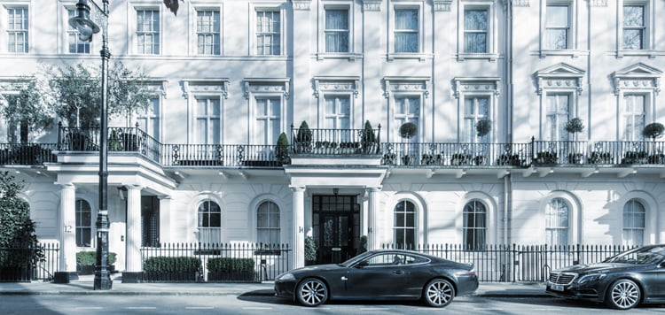 A black and white image of terraced houses in Eaton Square