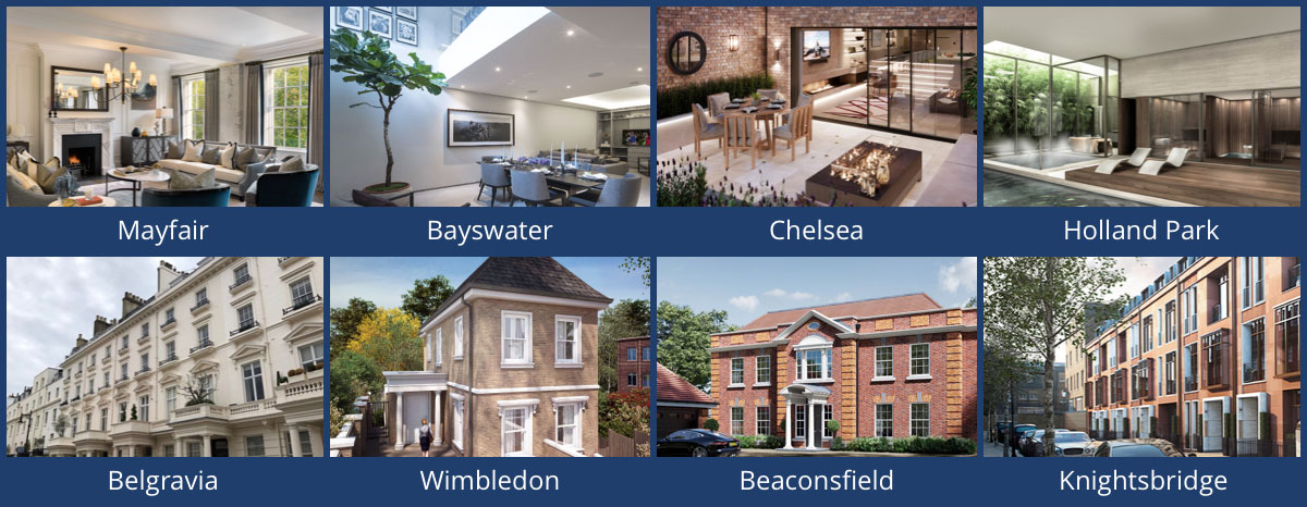 Eight images of property developments in Prime London and the Prime Home Counties funded by CapitalRise